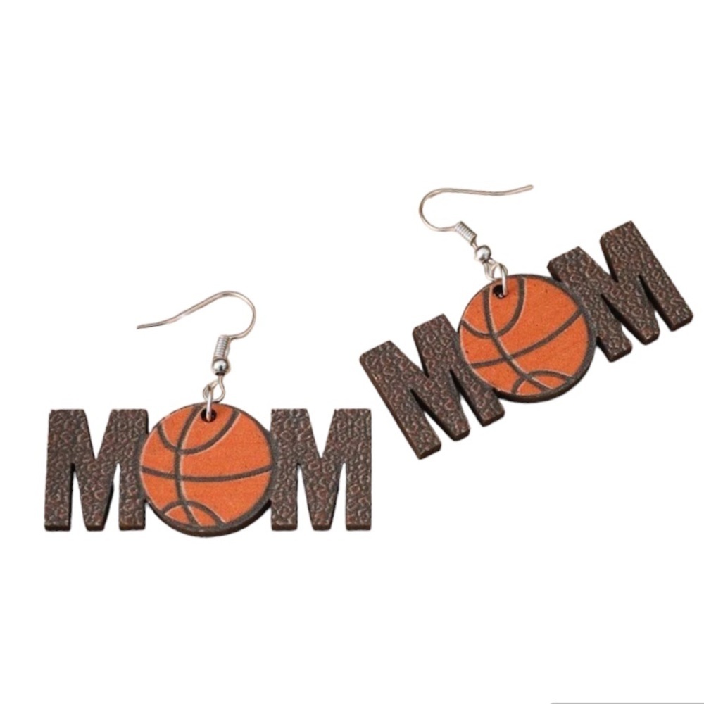 New Wood Basketball Mom Dingle Drop Earrings